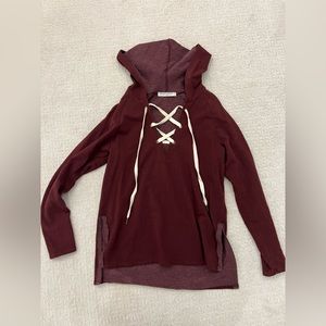 Project Social T Maroon Long Sleeve Lace Up Front Hooded Shirt Top